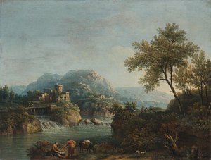 Rivierlandschap met figuren en een ezel door Giovanni Battista Cimaroli